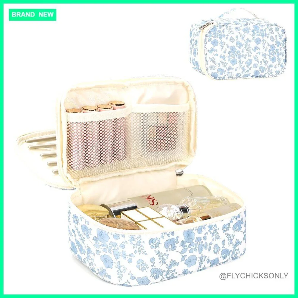 Small Floral Travel Makeup Bag with Brush Compartment, Double Layer Organizer